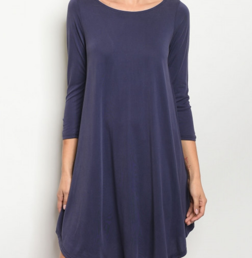 Navy Blue 3/4 Sleeve T-Shirt Lightweight Dress LOUNGEWEAR